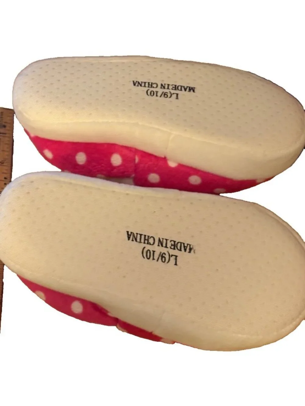 Girls Disney Jr Minnie Mouse Pink Polka Dots Slippers Plush Indoor Shoes L/9-10